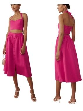 Reformation Orzo Two Piece Linen Set Skirt Sweetheart Top Hot Pink Corvette 4